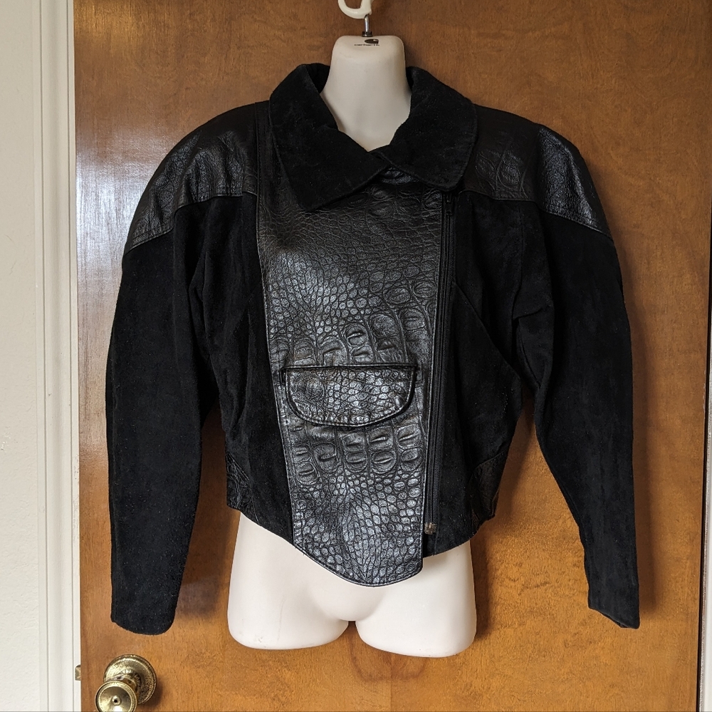 Outerwear by Phoenix Black Suede Croc Embossed Leather Short Retro Jacket